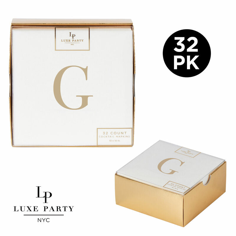 Letter G Gold Foil Monogram Paper Cocktail Napkins with Gift Box | 32 Napkins