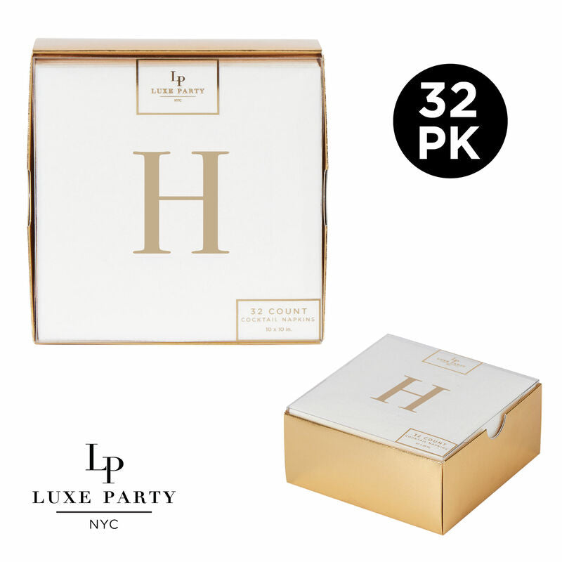 Letter H Gold Foil Monogram Paper Cocktail Napkins with Gift Box | 32 Napkins