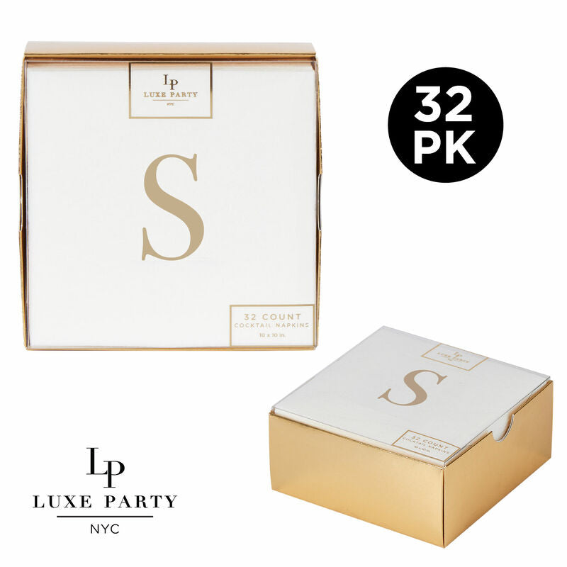 Letter S Gold Foil Monogram Paper Cocktail Napkins with Gift Box | 32 Napkins