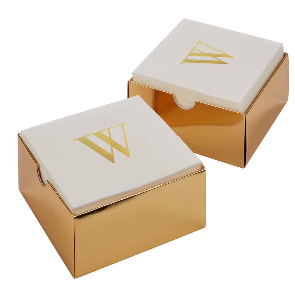 Letter W Gold Foil Monogram Paper Cocktail Napkins with Gift Box | 32 Napkins