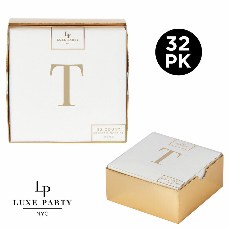 Letter T Gold Foil Monogram Paper Cocktail Napkins with Gift Box | 32 Napkins