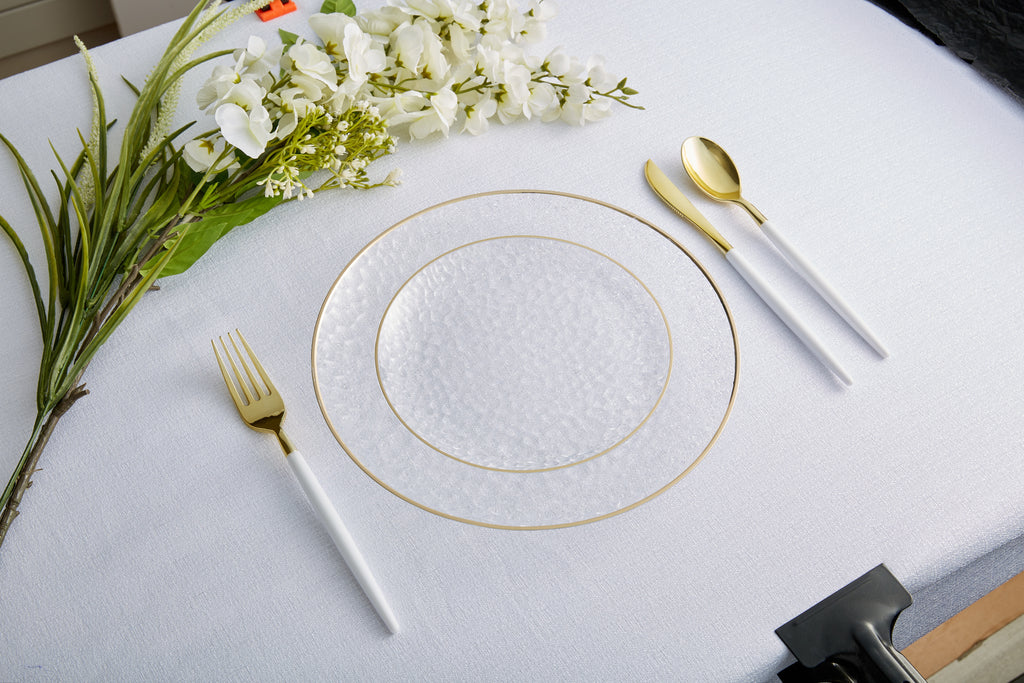 Clear Pebble Plate and Gold Plastic Plates Set | 32 Pack