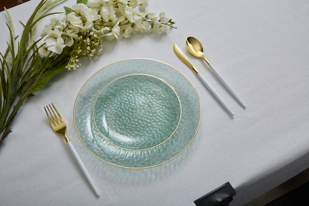 Sage Green Pebble Plate and Gold Plastic Plates Set | 32 Pack