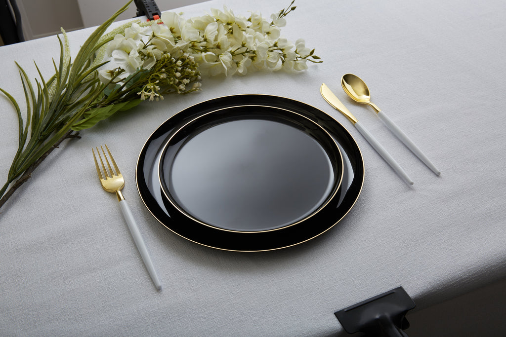 Round Walled Black and Gold Plastic Plates Set | 32 Pack