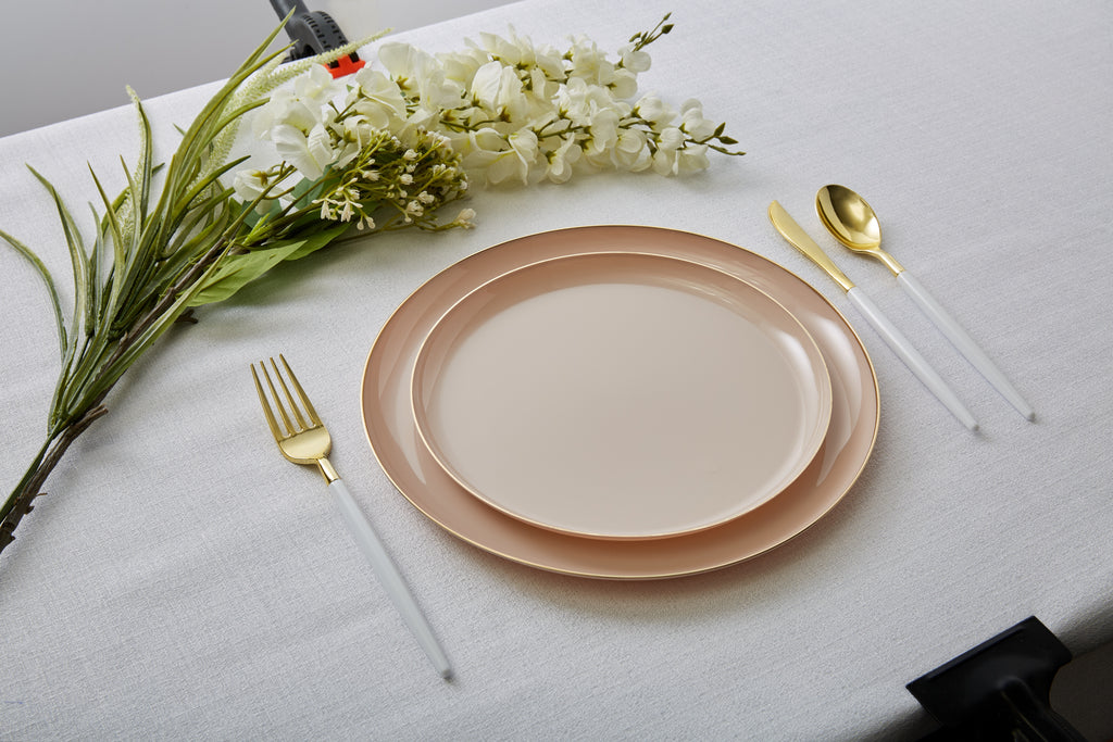 Round Walled Linen and Gold Plastic Plates Set | 32 Pack