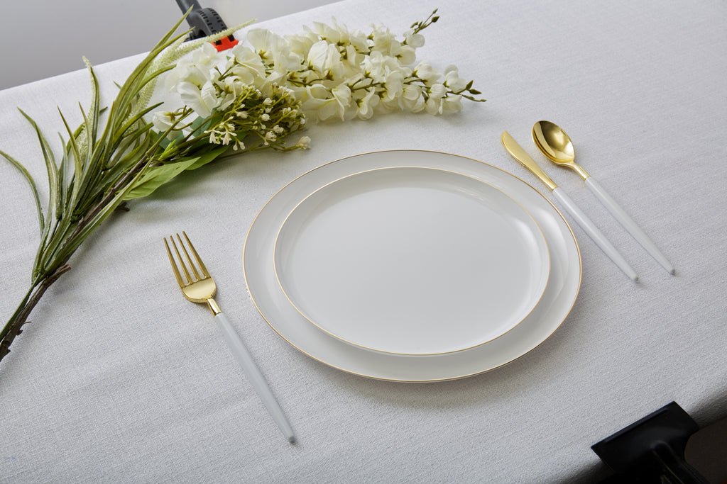 Round Walled White and Gold Plastic Plates Set | 32 Pack