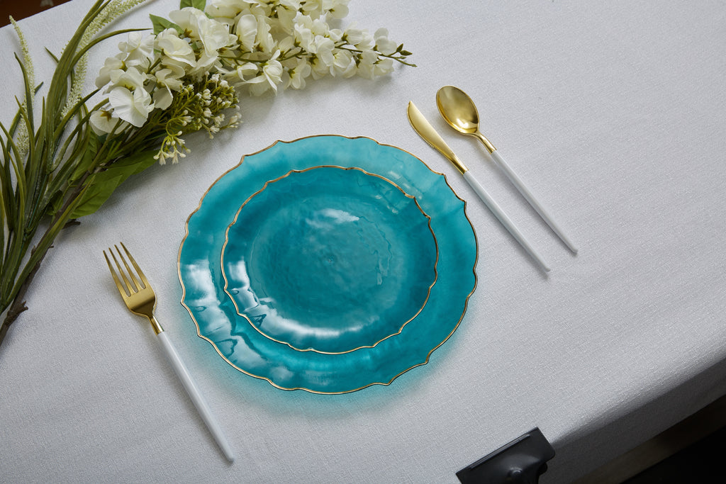 Teal Frosted Plate and Gold Plastic Plates Set | 32 Pack