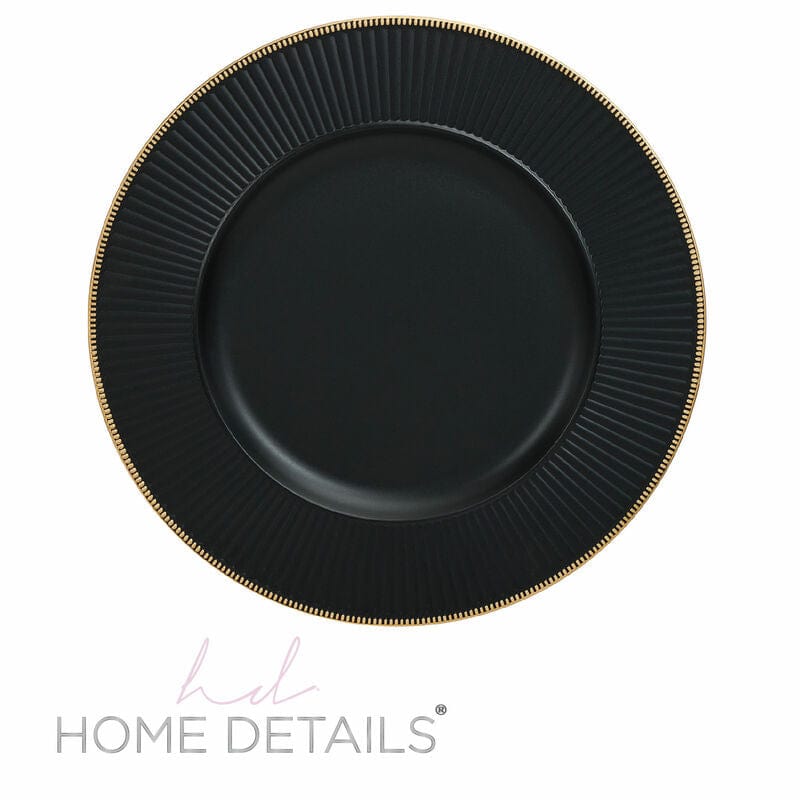 Luxe Party Chargers 13" Black with Gold Trim Ribbed Round Plastic Charger Plate | 1 Charger