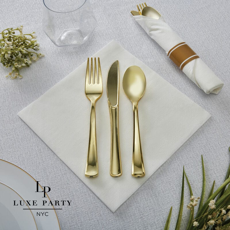 Luxe Party Cutlery Sets Gold Plastic Rolled Napkin Cutlery Set | 10 Rolls