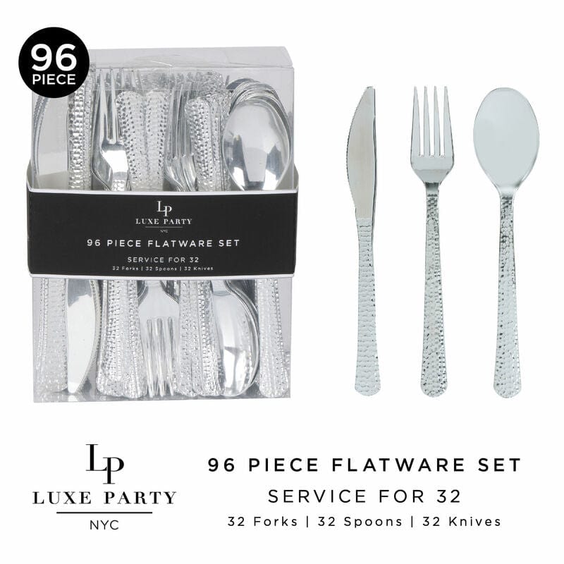 Luxe Party Cutlery Sets Silver Hammered Plastic Cutlery Combo Set | 96 Pieces