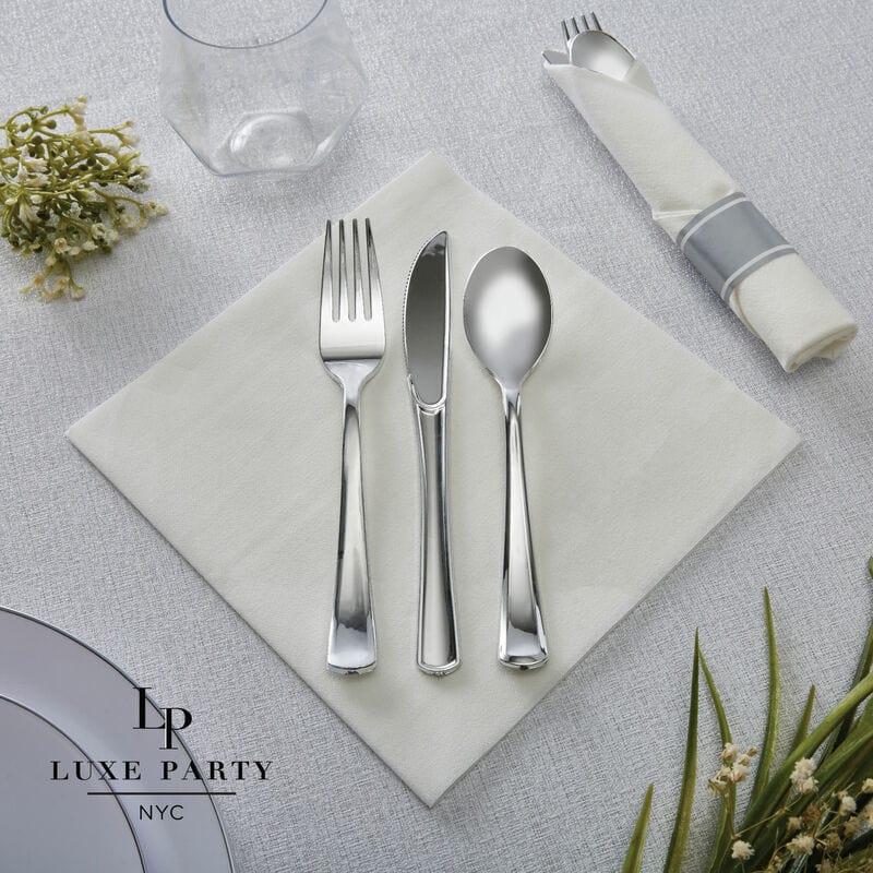 Luxe Party Cutlery Sets Silver Plastic Rolled Napkin Cutlery Set | 10 Rolls