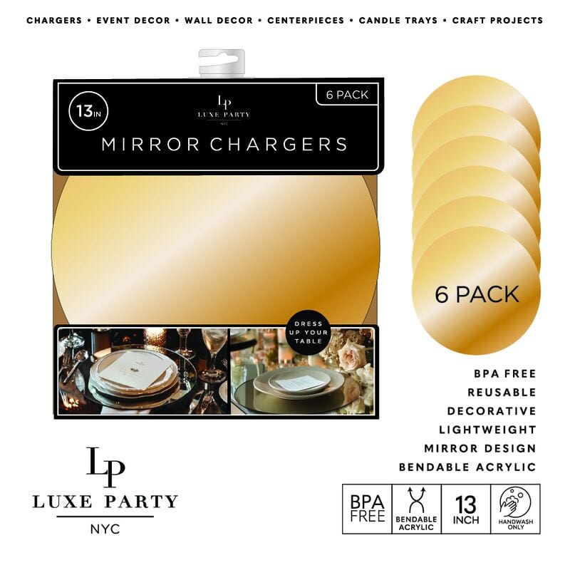 Luxe Party Mirror Chargers 13" Gold Round Light Weight Mirror Charger Plate / 6 Pk