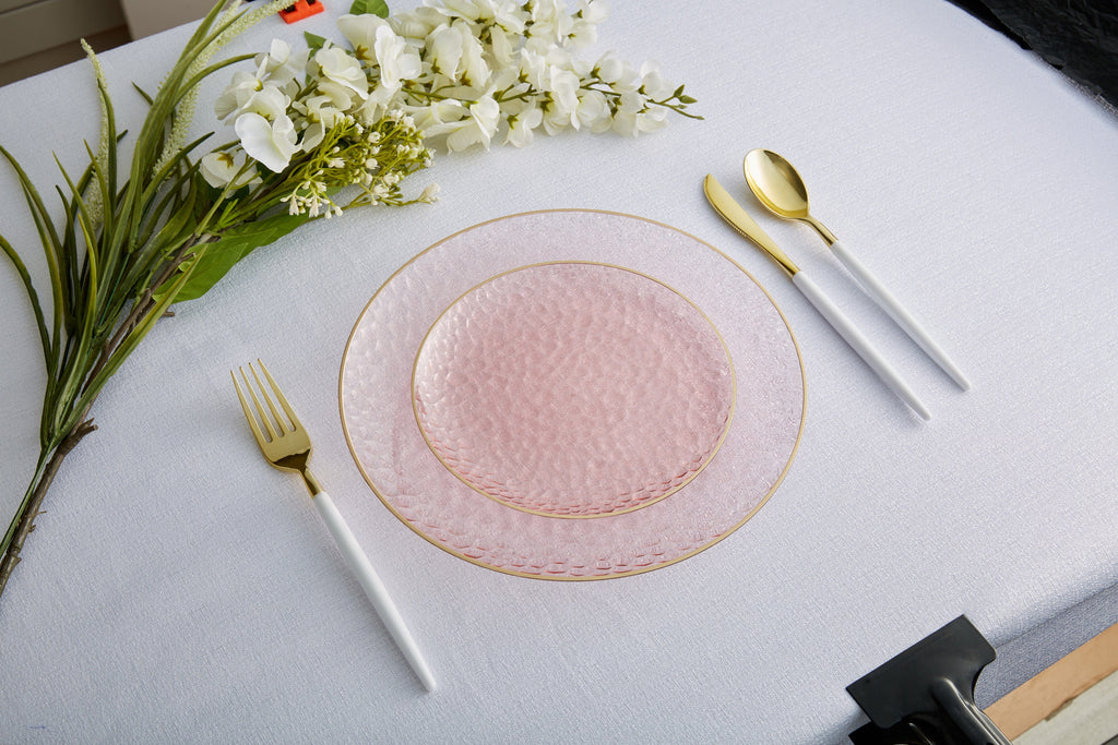 Luxe Party Plastic Plates 16 Dinner and 16 Salad Plates Rose Pebble Plate and Gold Plastic Plates Set | 32 Pack