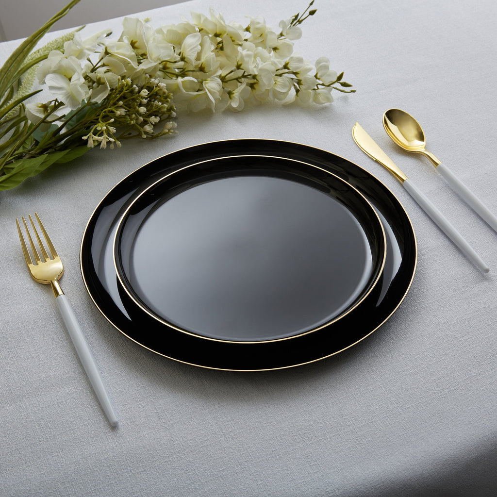 Luxe Party Plastic Plates 16 Dinner and 16 Salad Plates Round Walled Black and Gold Plastic Plates Set | 32 Pack