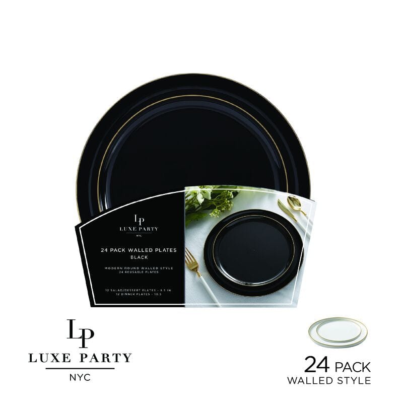 Luxe Party Plastic Plates 16 Dinner and 16 Salad Plates Round Walled Black and Gold Plastic Plates Set | 32 Pack