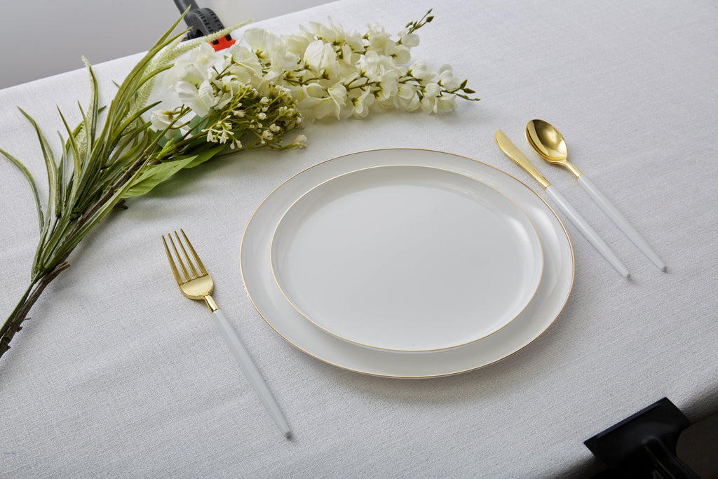 Luxe Party Plastic Plates 16 Dinner and 16 Salad Plates Round Walled White and Gold Plastic Plates Set | 32 Pack