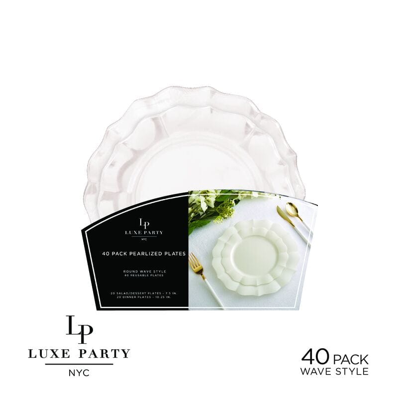 Luxe Party Plastic Plates 20 Dinner and 20 Salad Plates Pearl White Waved Plastic Plate Set | 40 Pack