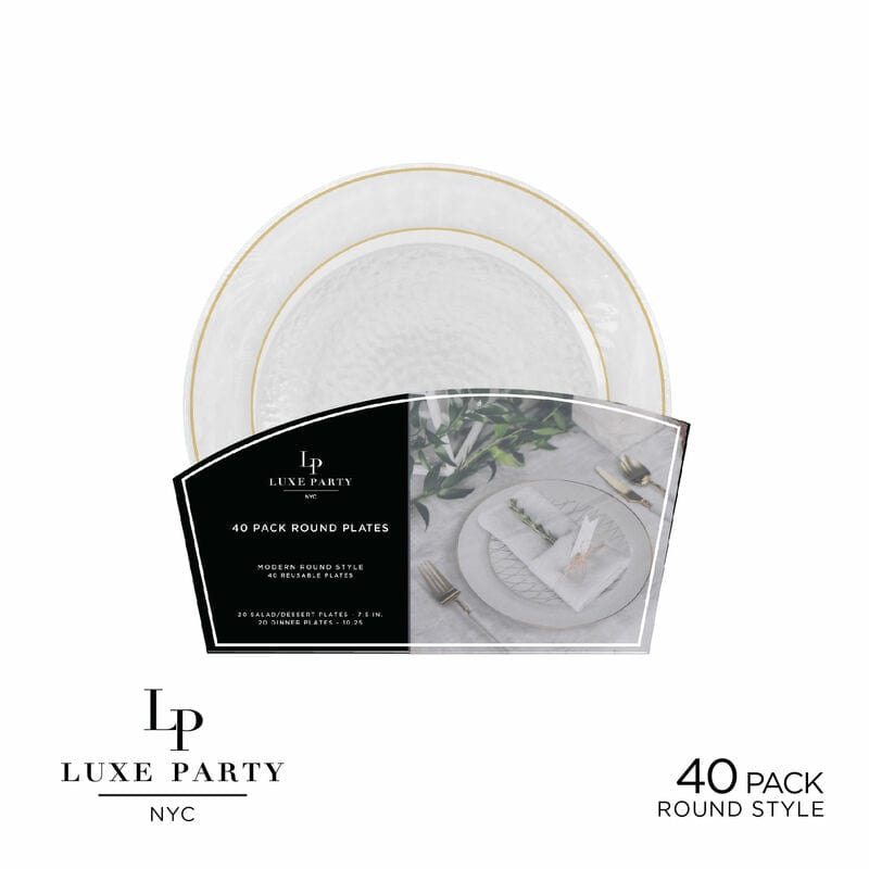 Luxe Party Plastic Plates 20 Dinner and 20 Salad Plates Round Clear and Gold Plastic Plates Set | 40 Pack