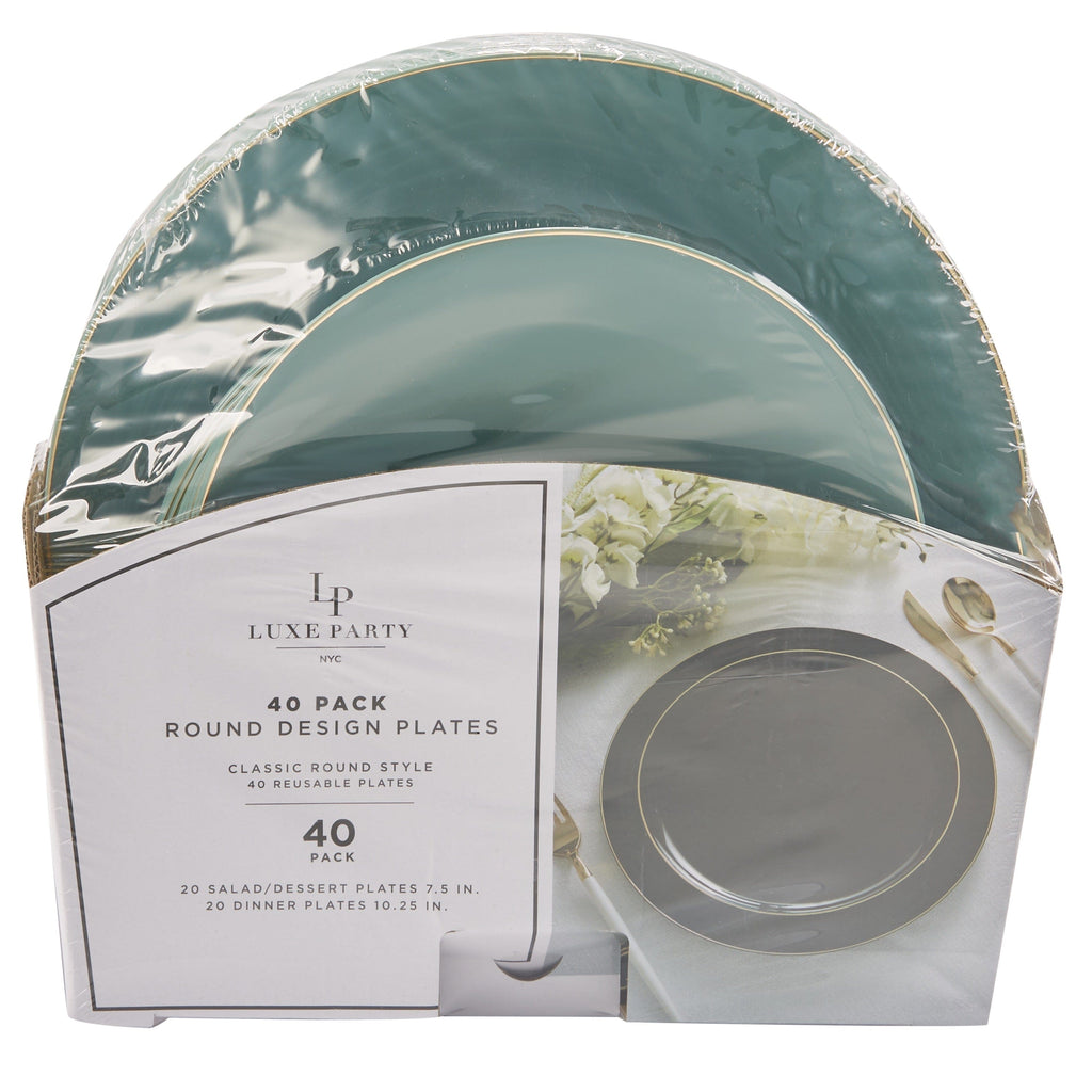 Luxe Party Plastic Plates 20 Dinner and 20 Salad Plates Round Sage Green and Gold Plastic Plates Set | 40 Pack