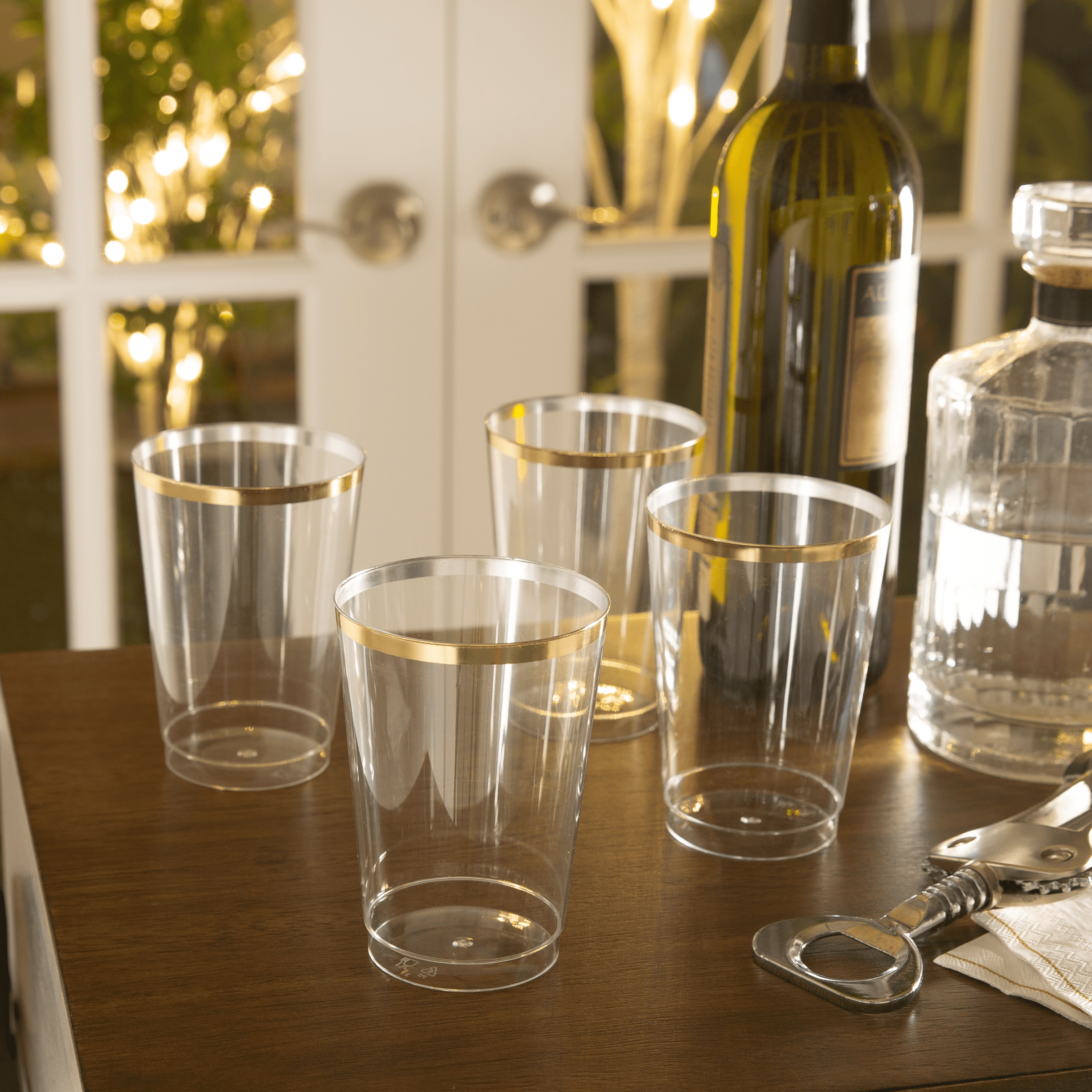 12 Clear with Gold Rim 14 oz Disposable Plastic Stemless Wine Glasses